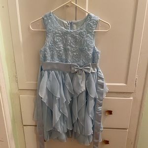 Blue Sleeveless Dress With Ruffle Skirt And Decorative Bodice W/ Ribbon Belt